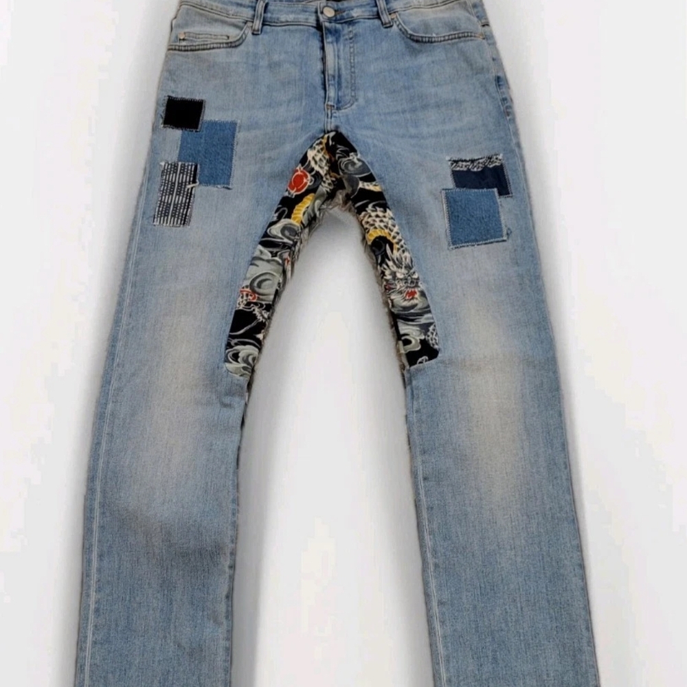Alchemist Men's Blue Italian Patchwork Denim Jeans Straight Leg, Size 31x32